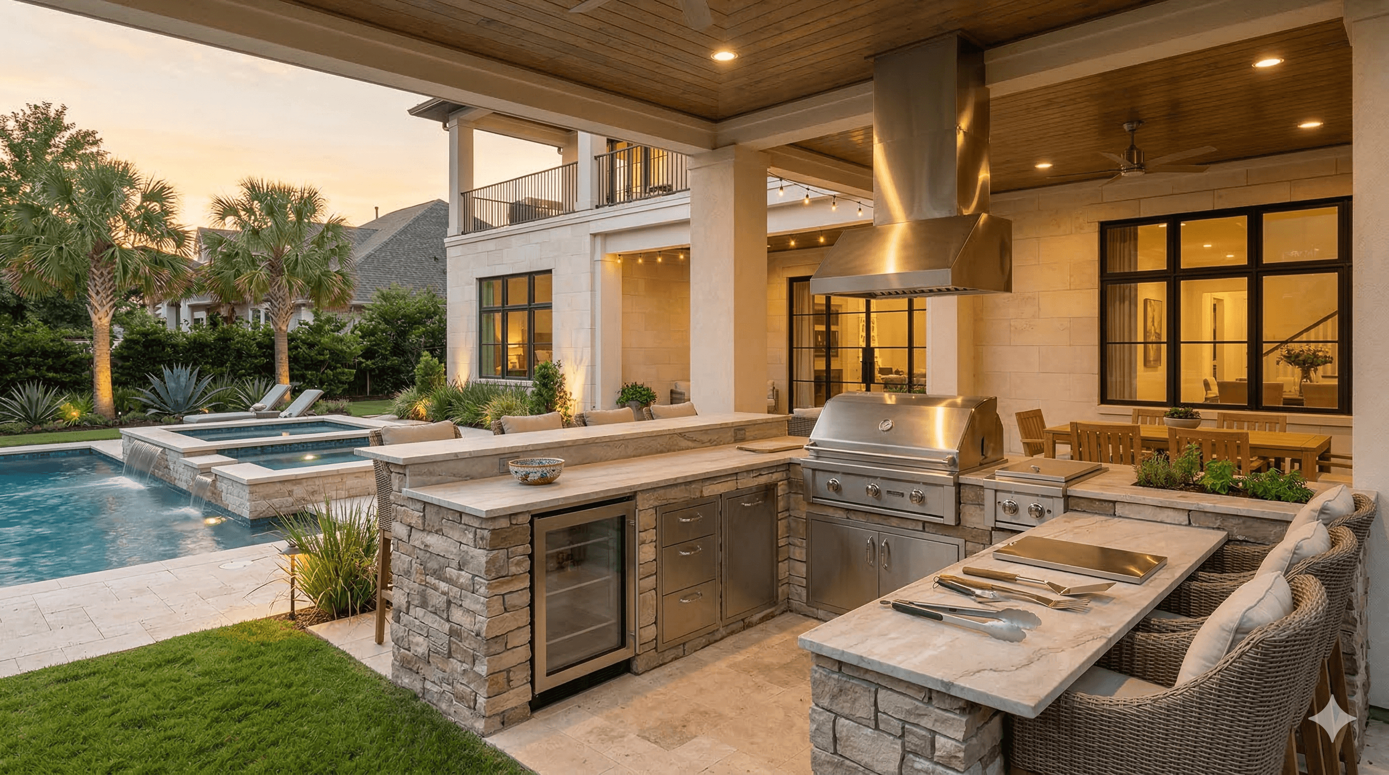 Custom outdoor kitchen with grill and dining area