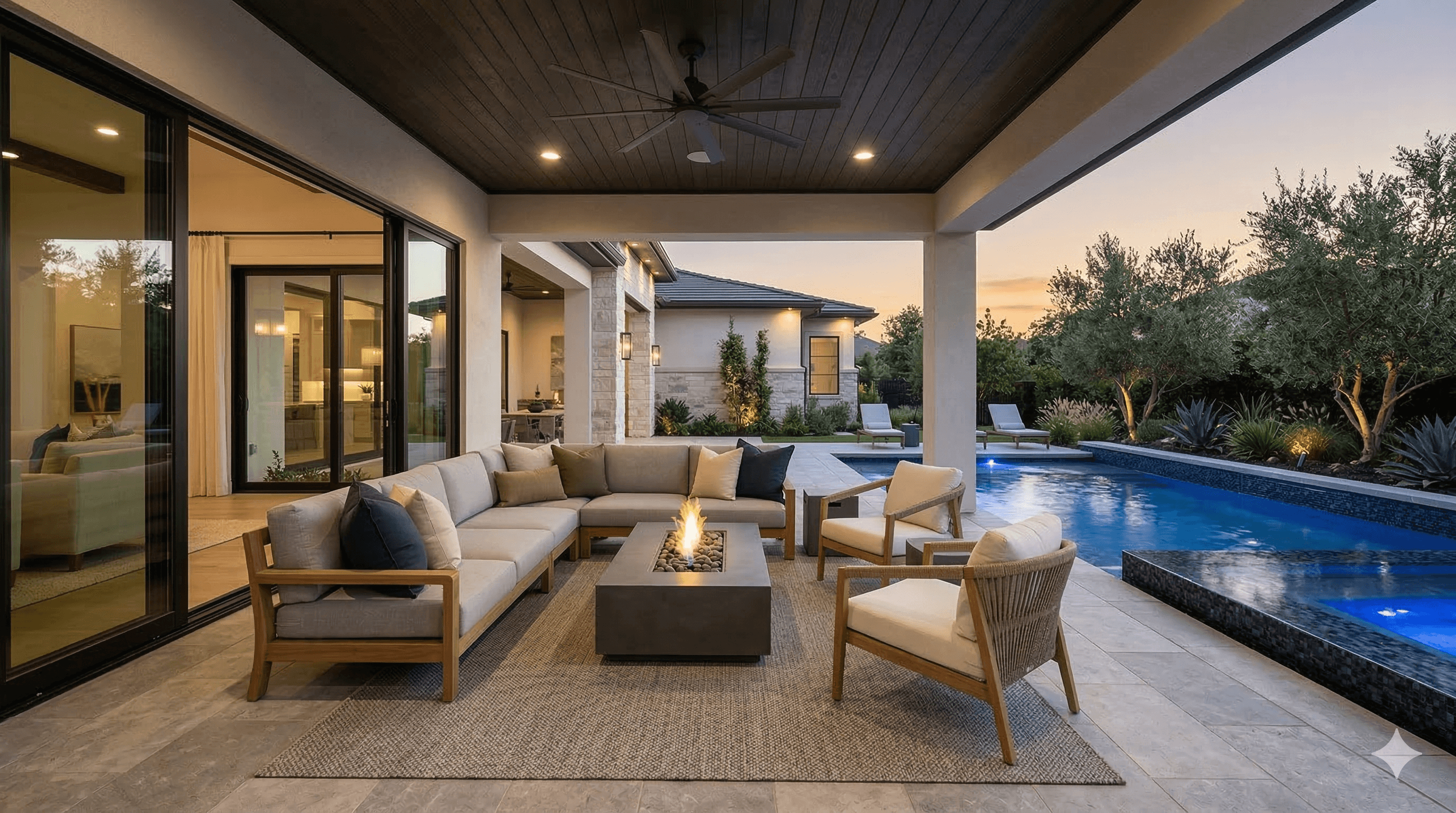 Covered outdoor patio and lounge area design
