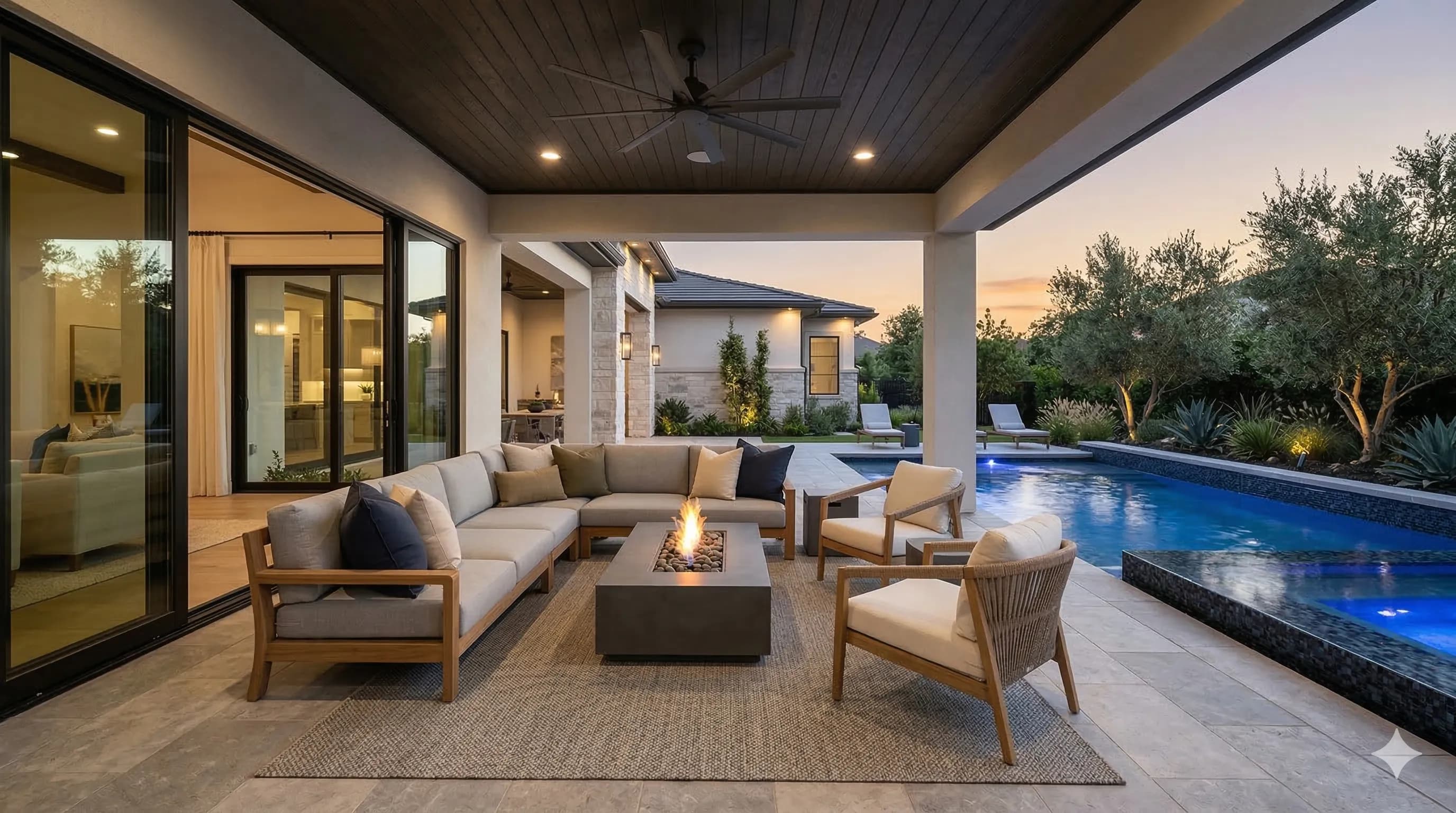 Covered outdoor patio and lounge area design